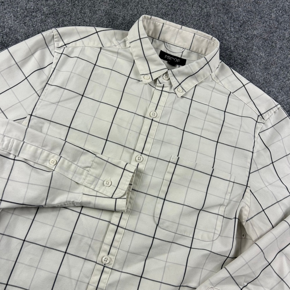Proof Button Down Shirt Mens Small White Windowpane Plaid Wool Blend Long Sleeve